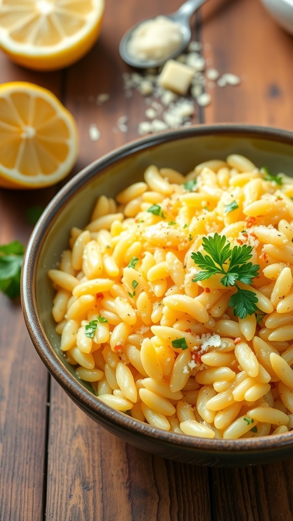 A bowl of lemon Parmesan orzo pasta garnished with parsley, served with a lemon half and Parmesan cheese.
